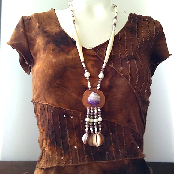 Vintage Jewelry - Nat.Am. Artisan HandMade Leather Backed Amethyst Agate Cowrie Shell Bone? Tassel